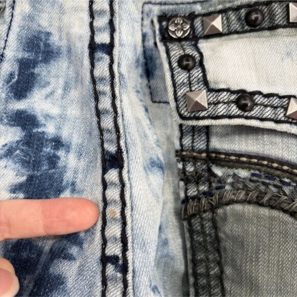 Rock Revival Men's Ayaan Biker Jeans 42x33 Blue Bleach Tie Dye Moto Streetwear - Picture 11 of 14